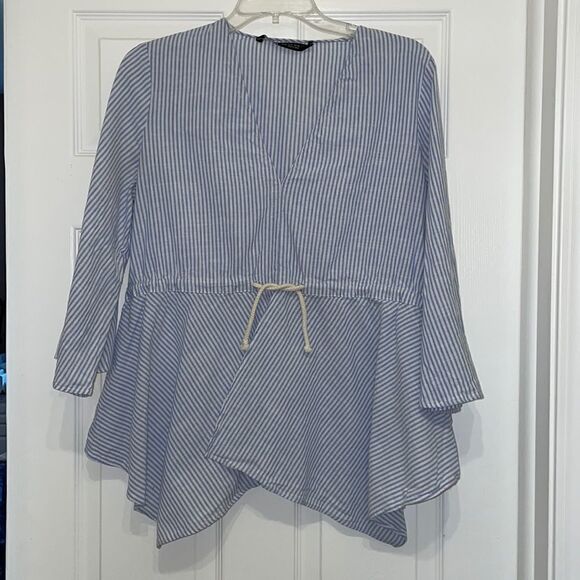 Zara Light Blue & White Striped Asymmetrical Hem Bell Sleeve Top with drawstring - Picture 1 of 7
